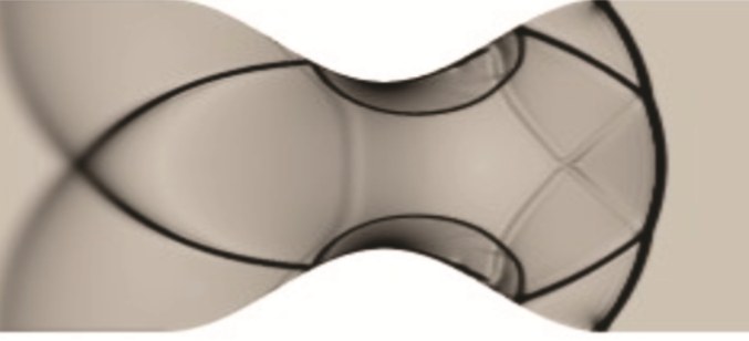 Shock wave interacting with a smooth constriction in a duct
